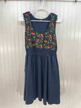 eShakti Custom Floral Embroidered Smocked Waist Fit & Flare Dress S Blue